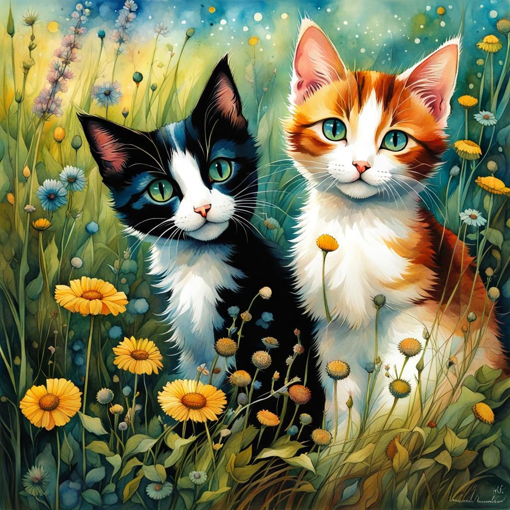 Calico Kittens Play in Wildflower Meadow