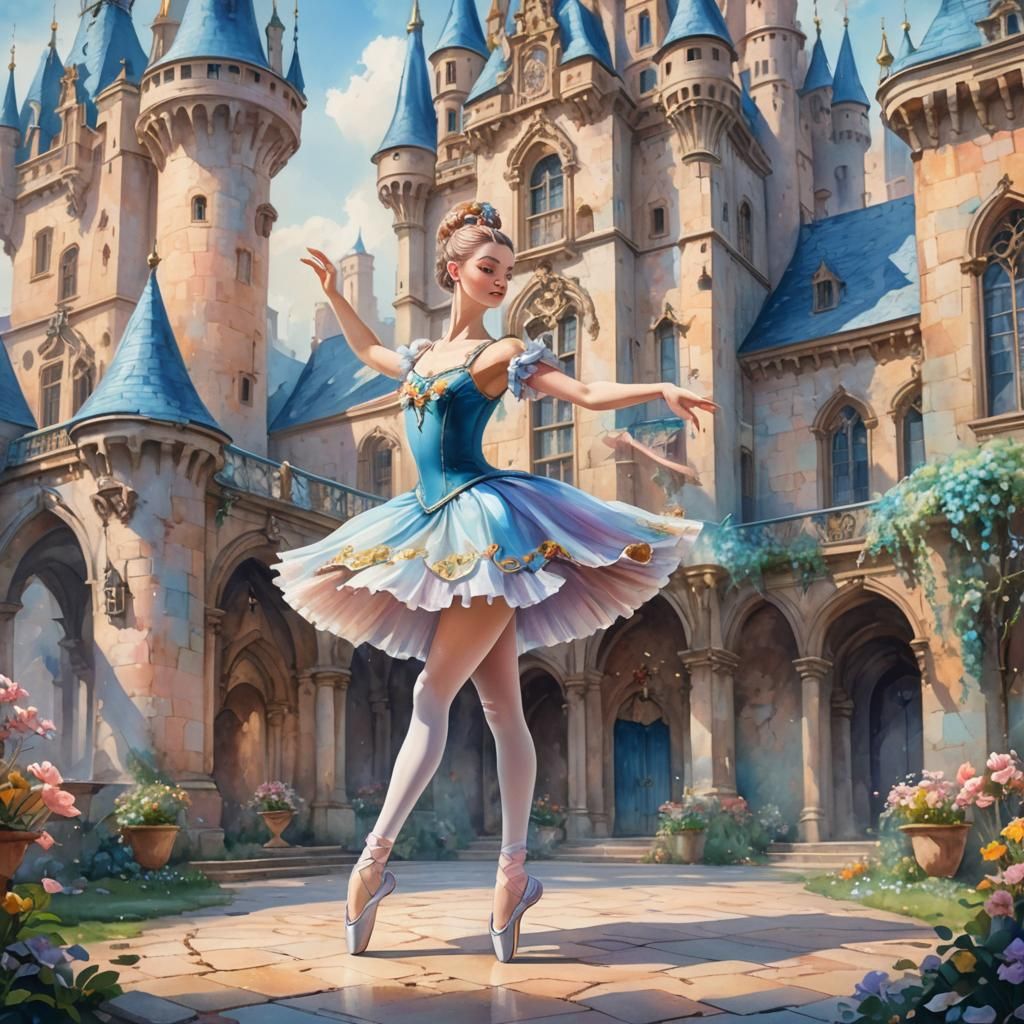 Ballerina in Rococo Fairytale Castle, Watercolor Art