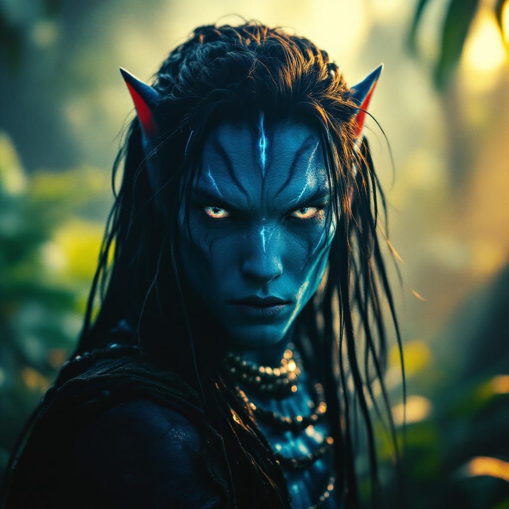 Eren Jaeger as a Na'vi Warrior in a Photorealistic, Iridesce...