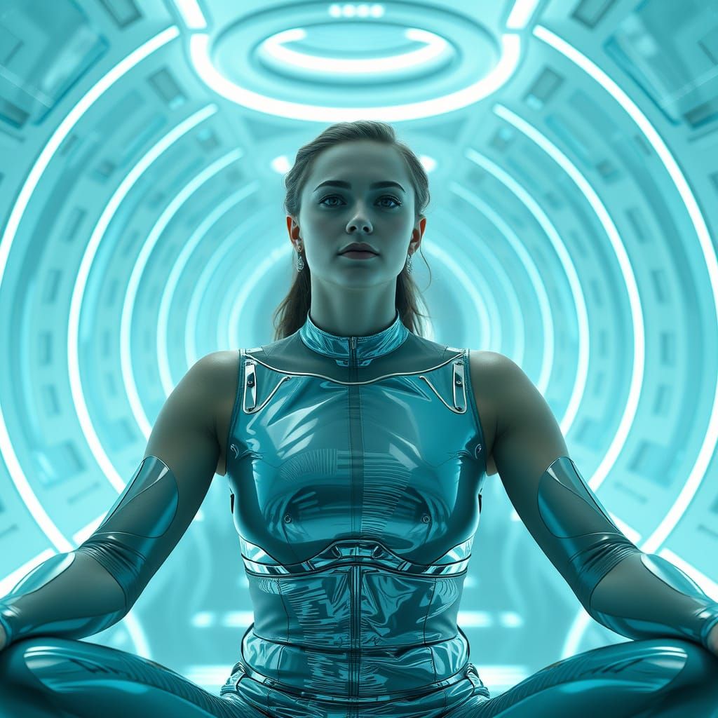 Futuristic Princess Meditates in White Mirror Room