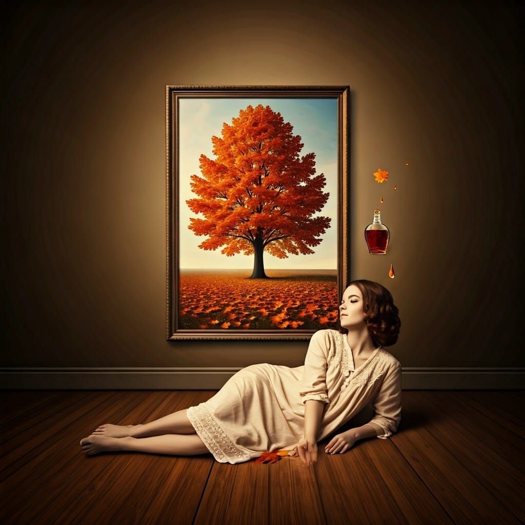 Woman Dreaming of Autumn Maple, Surreal Style
