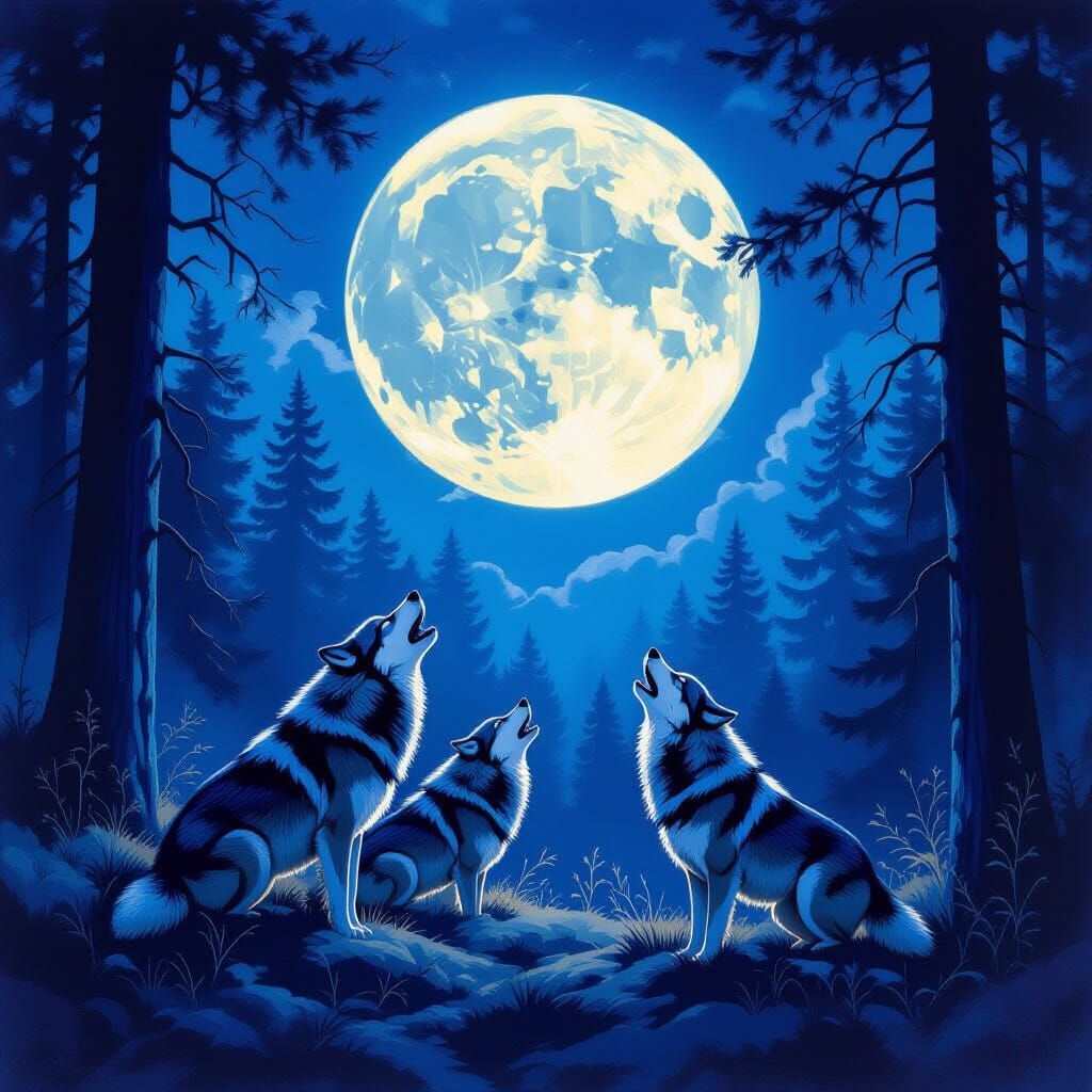 Timber Wolves Howling at Full Moon in Atmospheric Forest