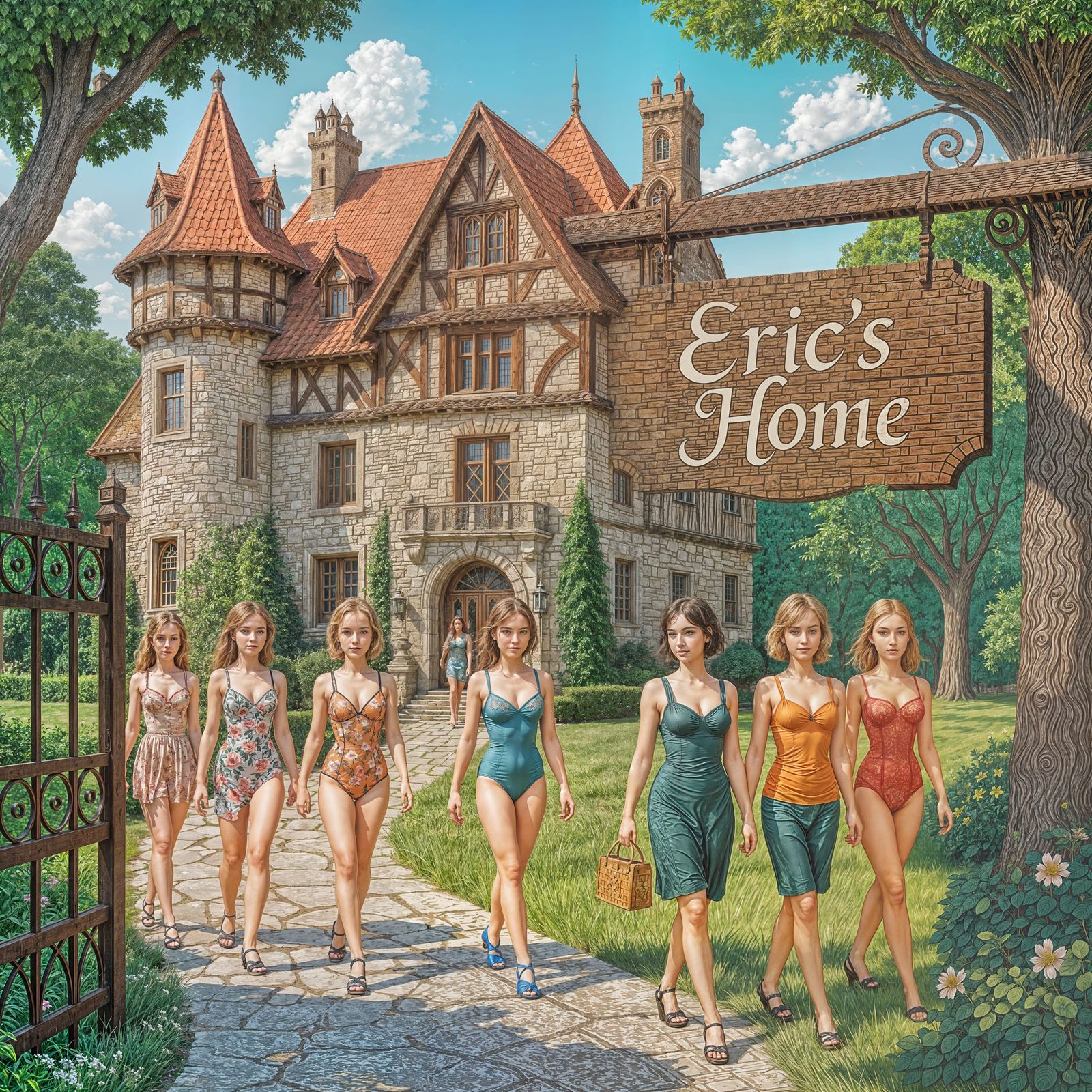 Tudor Castle with Women in Swimsuits