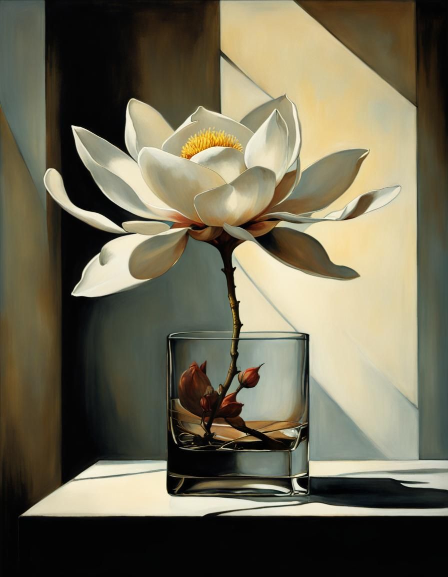 Minimalist Art Deco Magnolia in Glass Vase