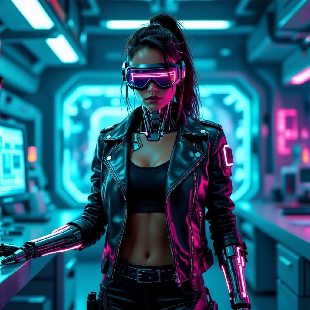 Cyborg Woman in Futuristic Lab, Cyberpunk Style