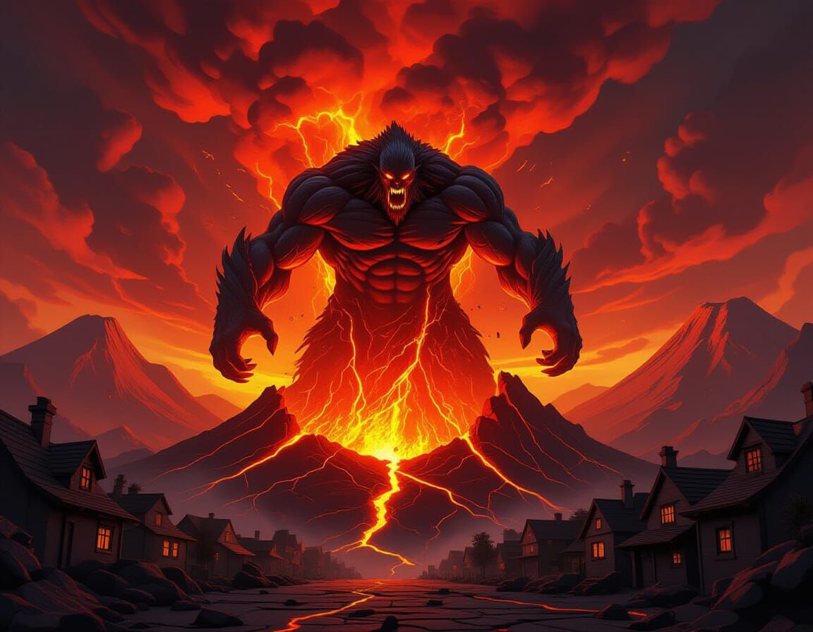 Colossal Lava Giant Erupts from Volcano Devouring Town