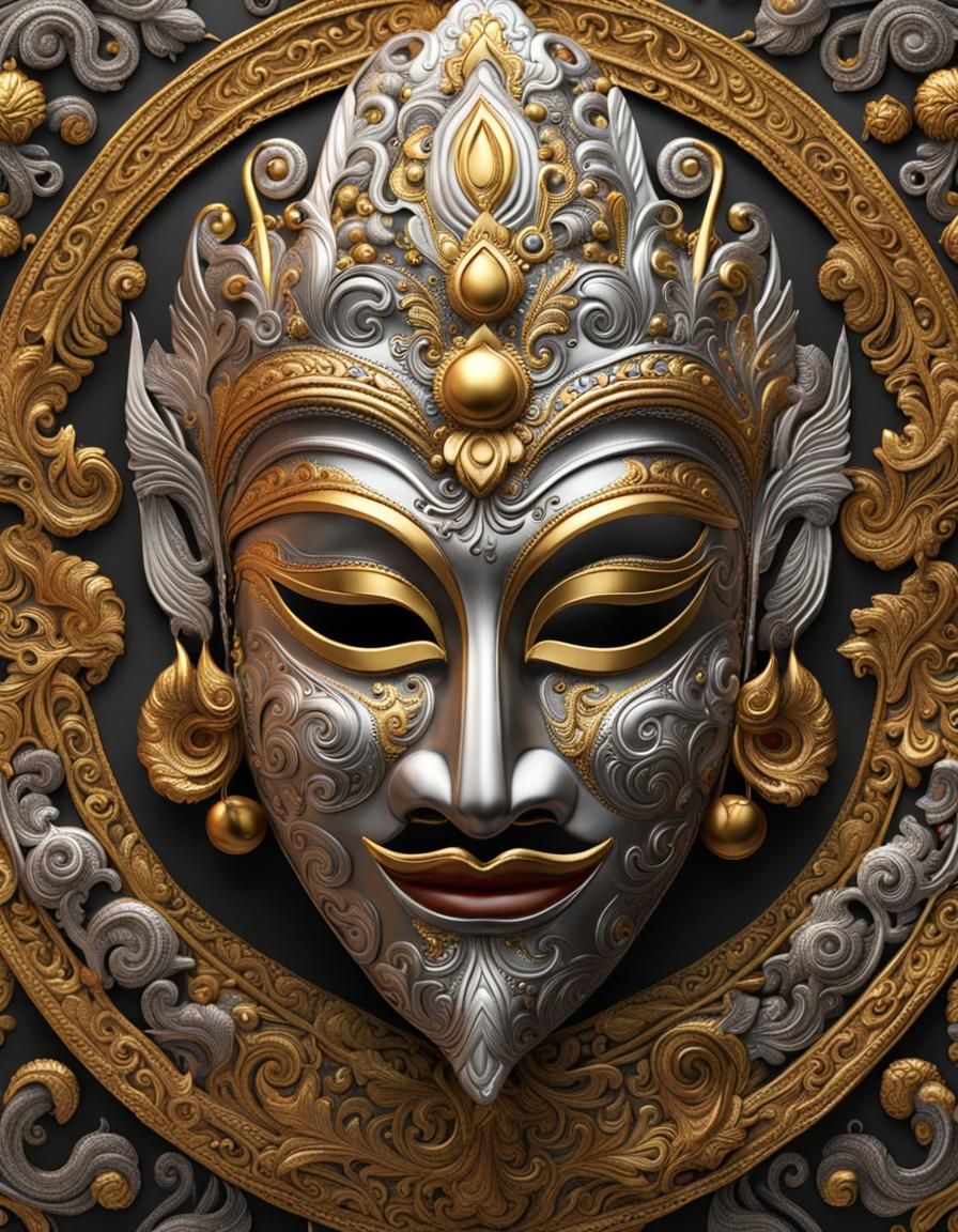 Ornate Indonesian Mask in Silver and Gold