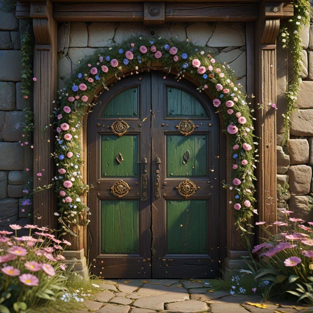 Weathered Door with Jade Rose and Cosmos Wreath in Golden Li...