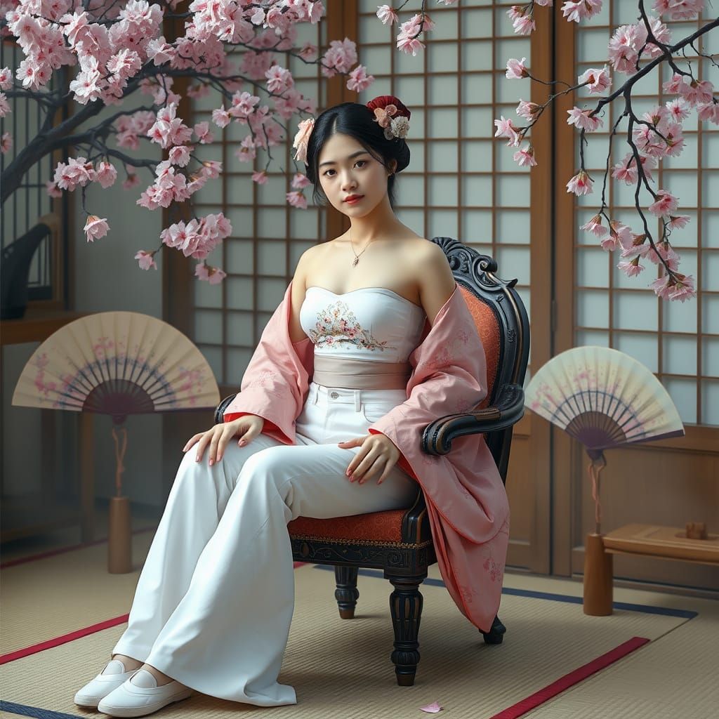 Geisha in Jeans Sitting on Ornate Chair with Cherry Blossoms