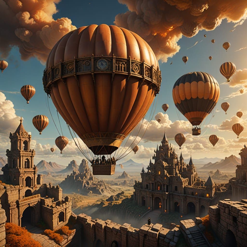 Steampunk Traveler in Hot Air Balloon Over Ancient Ruins