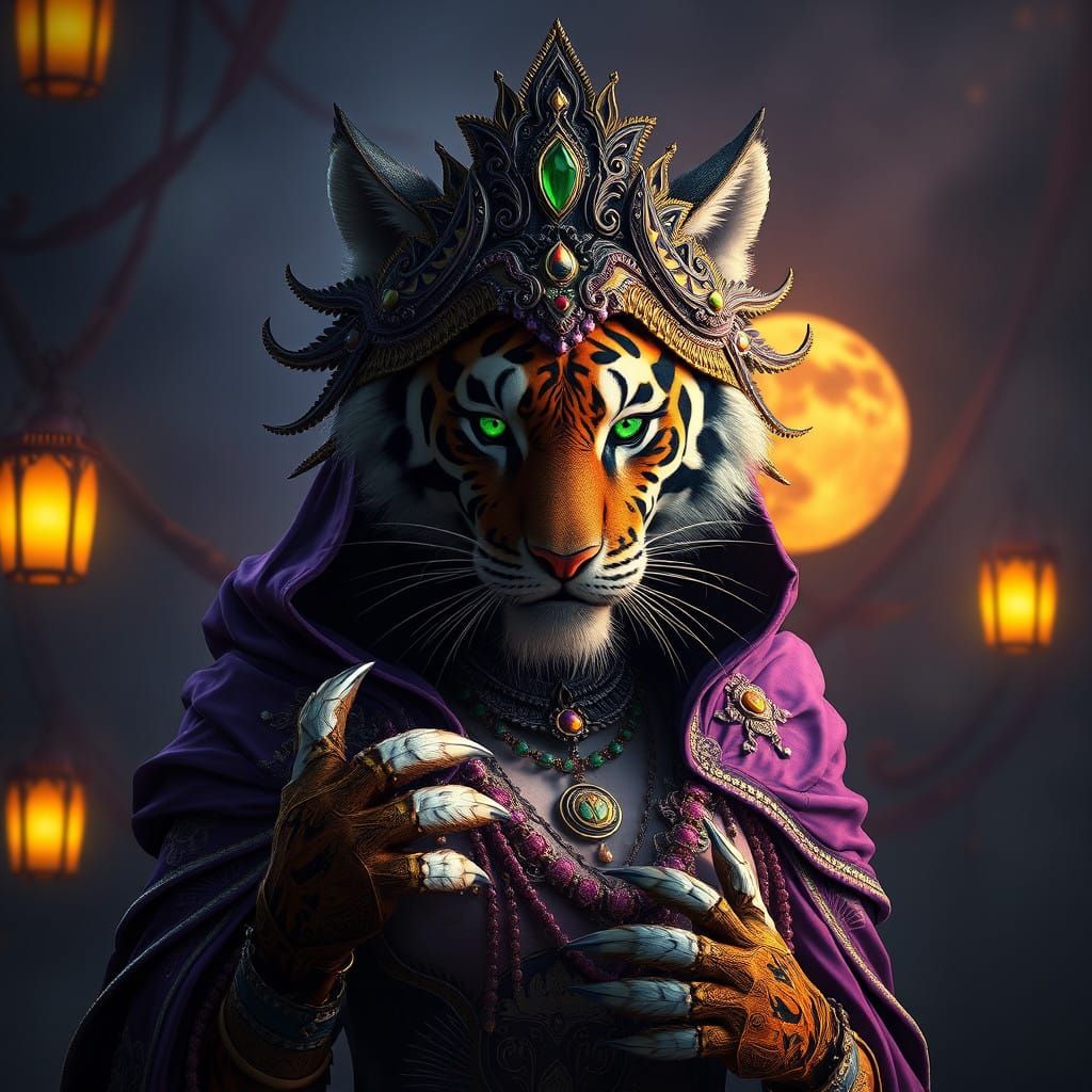 Majestic Victorian Tiger Woman in Dark Fantasy