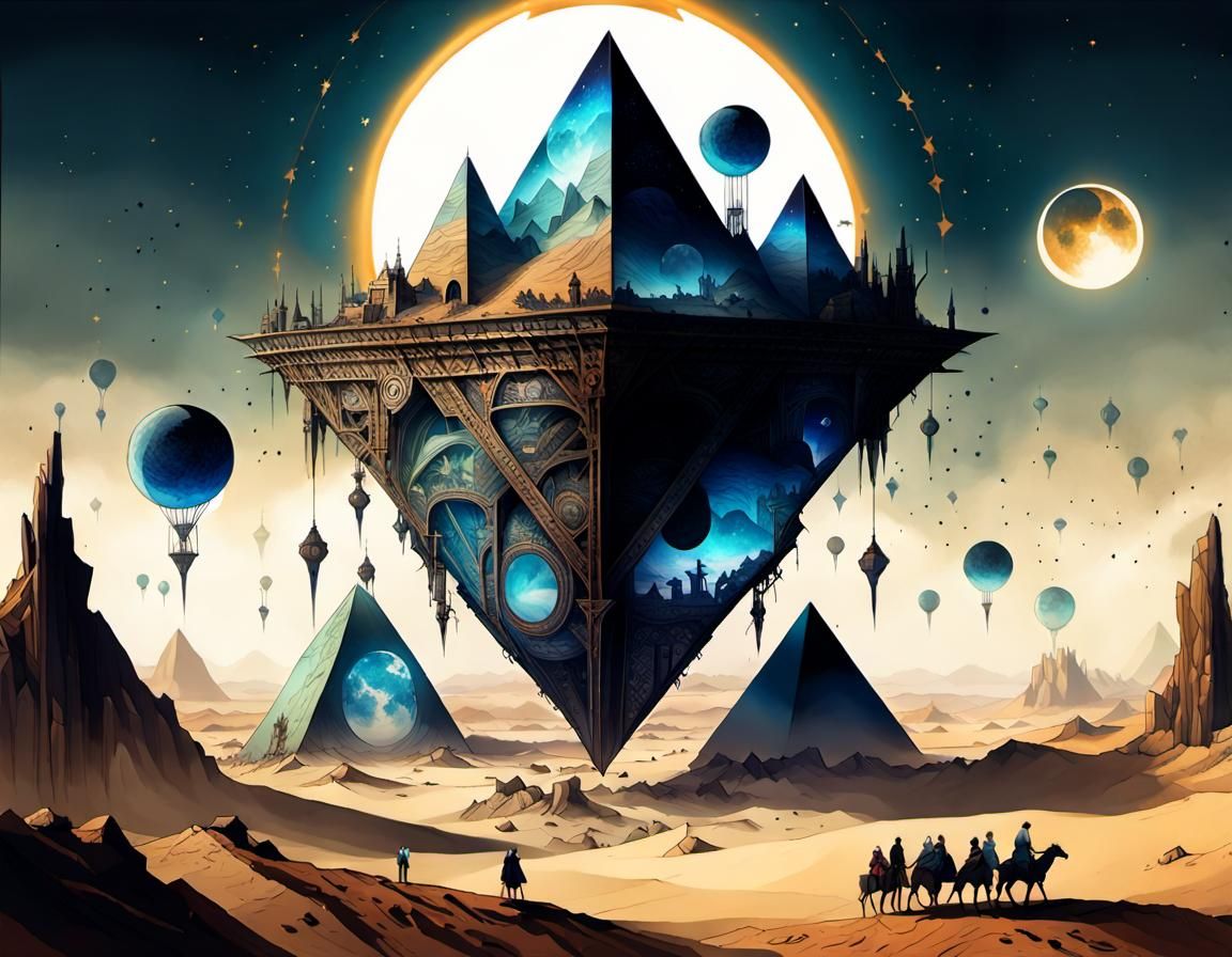 Inverted Pyramids in Desert Landscape: Ink Illustration