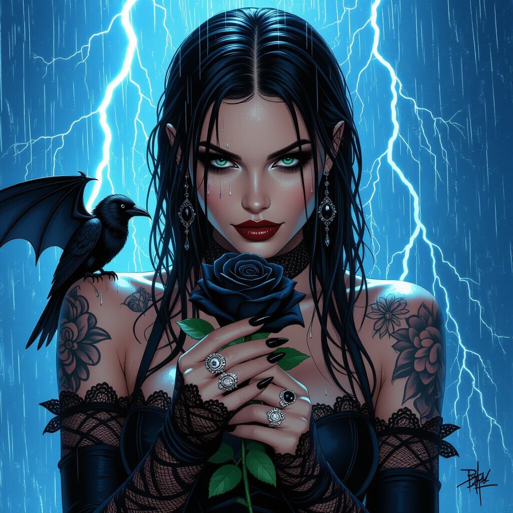 Gothic Steampunk Witch with Bat, in Comic Style