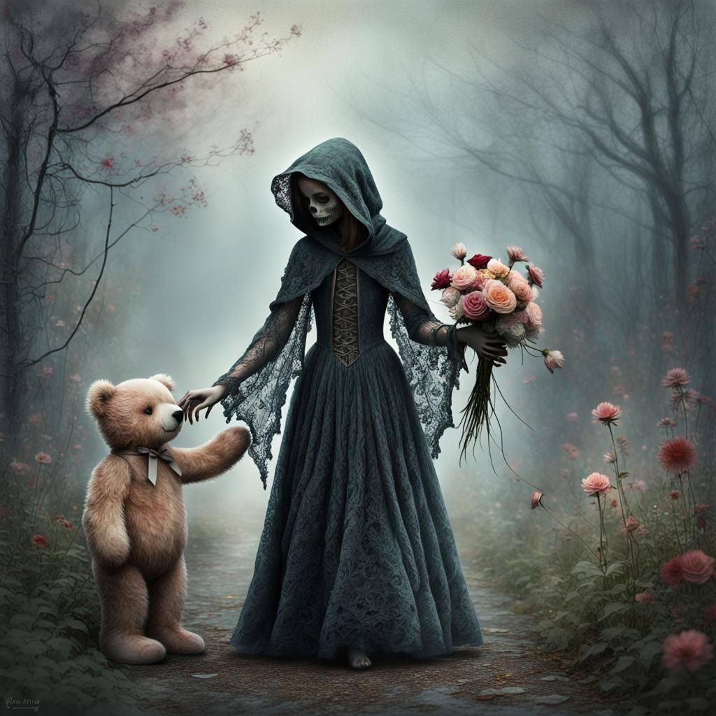 Mysterious Figure Reaching for Girl with Teddy Bear