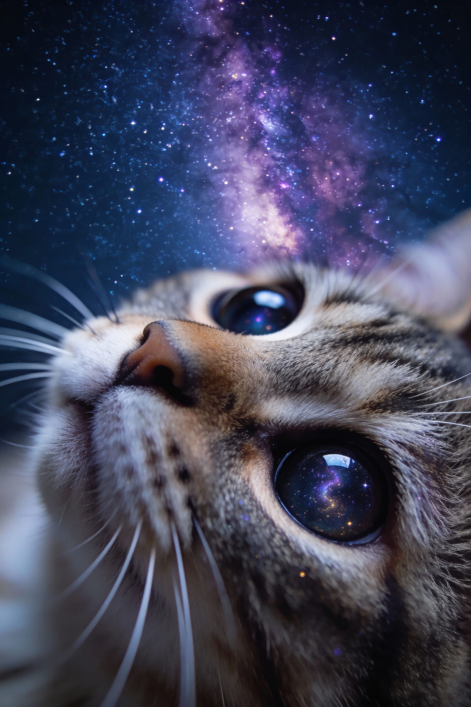 Realistic Cat Gazing at Starry Night Sky Reflection