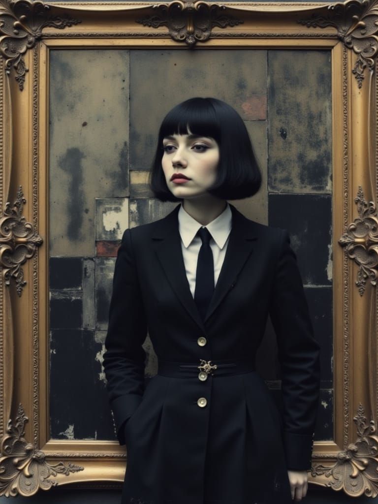 Gothic Portrait in Gilded Frame, Digital Collage Art