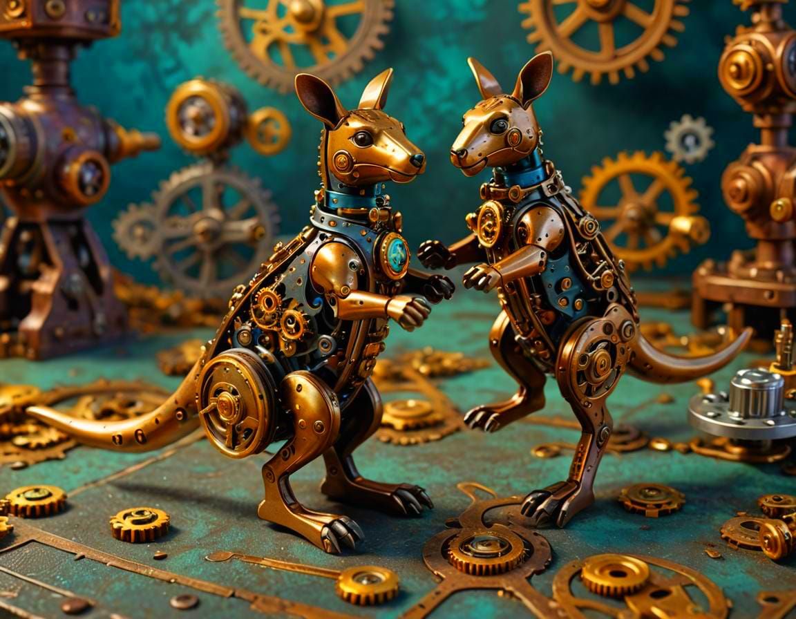 Steampunk Mechanical Kangaroo Robots in Close-Up