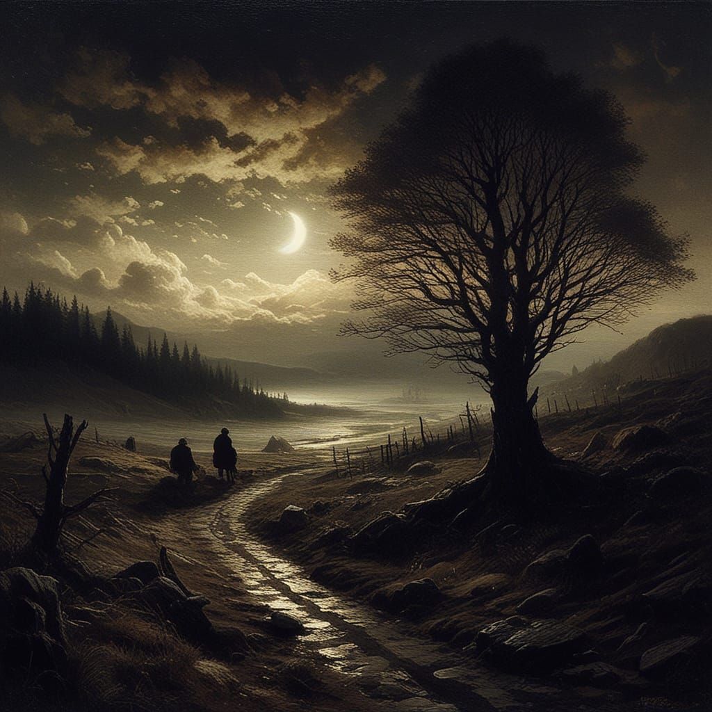 Misty Moorland Scene under Crescent Moonlight, in the Style ...