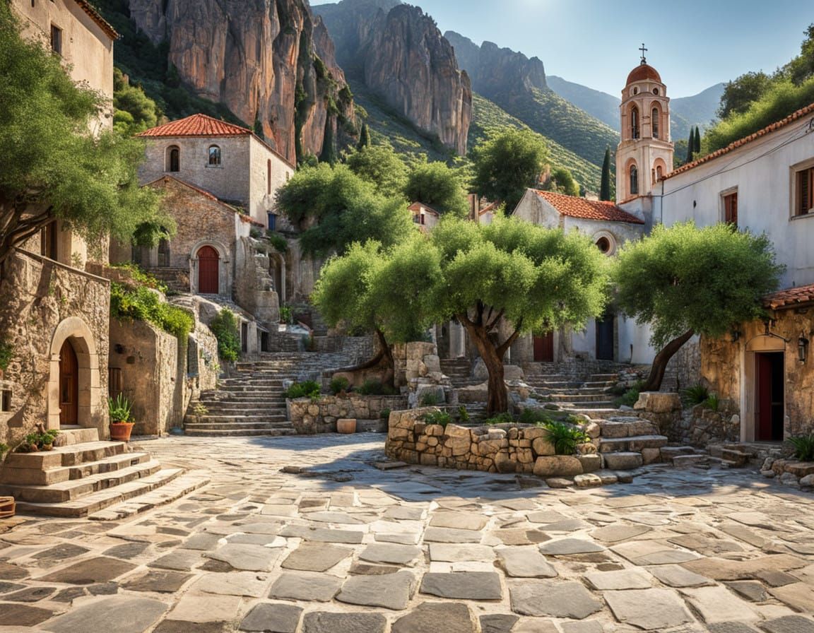 Quaint Greek Village Square in Sunny Leonidio
