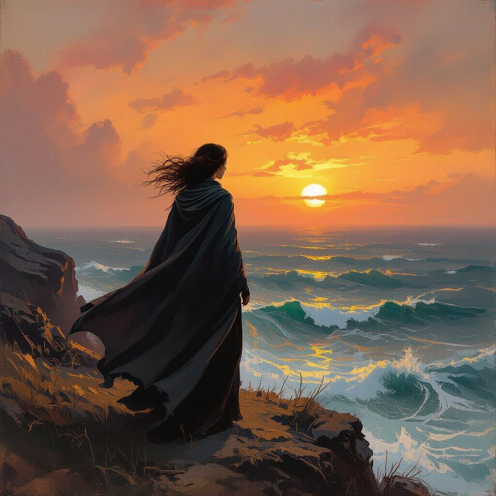 Woman Watches Fiery Sunset: Romanticism Style