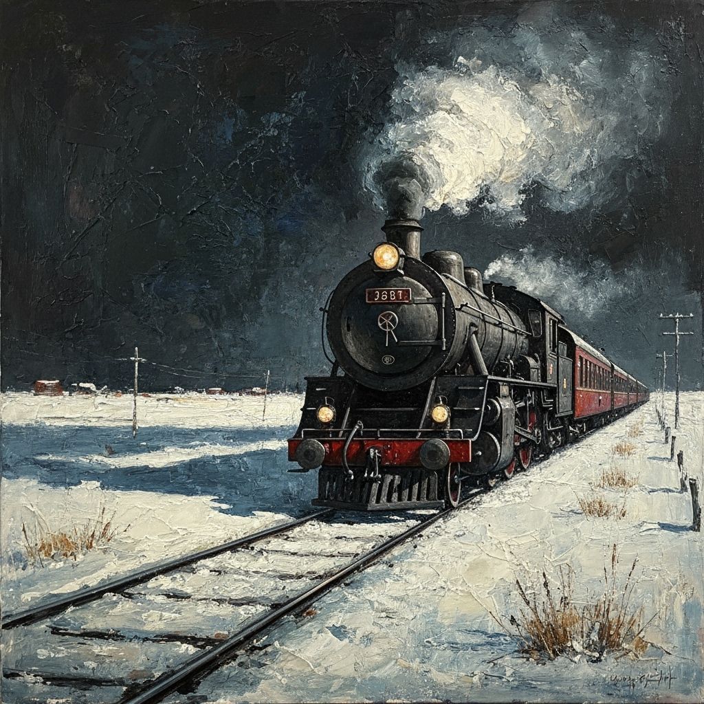 Vintage Steam Train in Snowy Landscape Painting