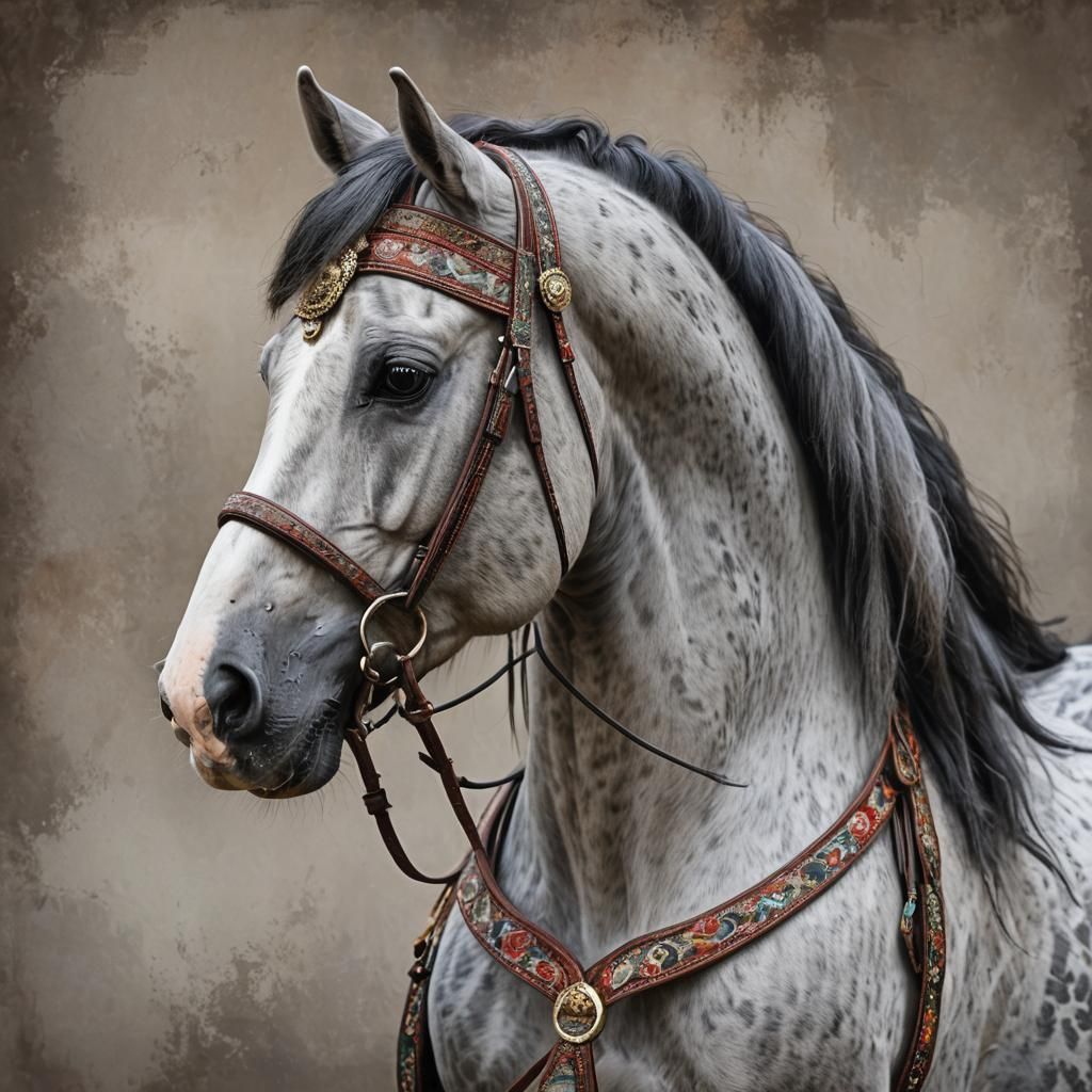 Dapple Grey Arabian Stallion with Tasseled Bridle