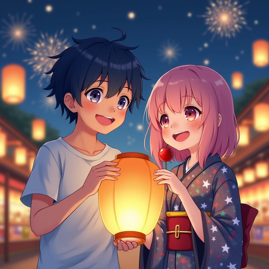 Japanese Night Festival with Lanterns in Studio Trigger Styl...