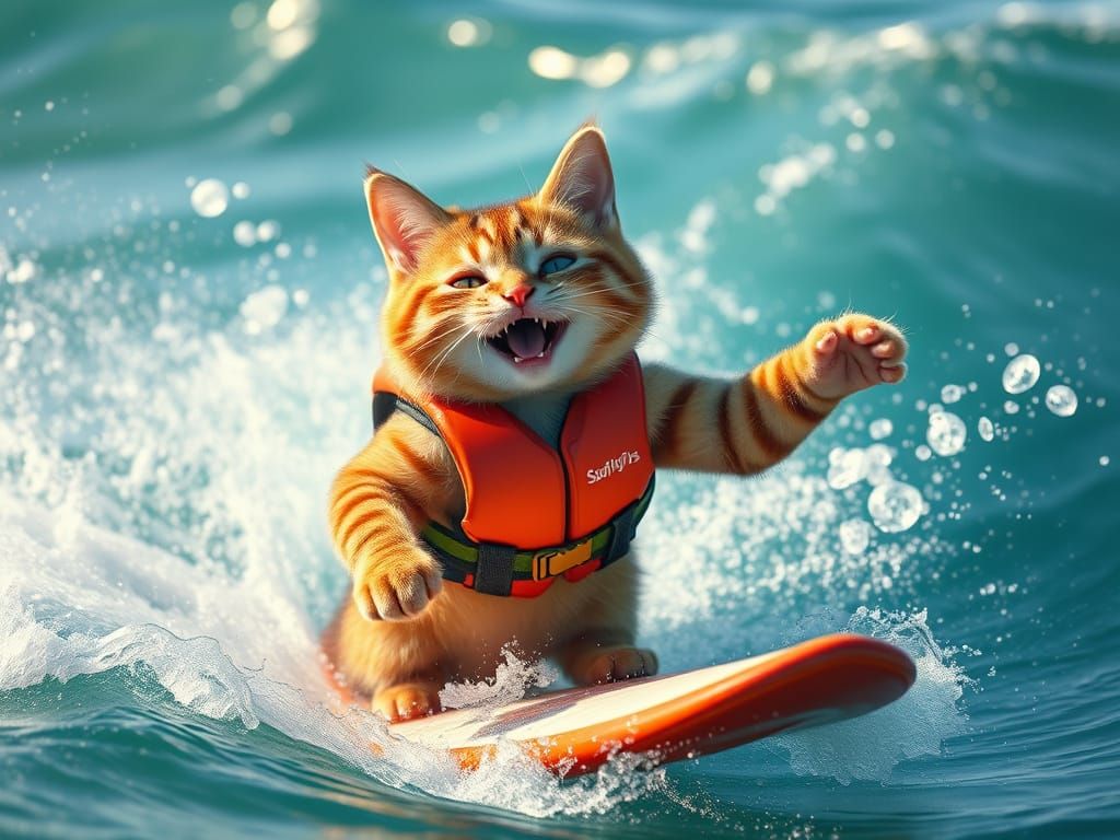 Happy Surfing Cat Rides a Wave
