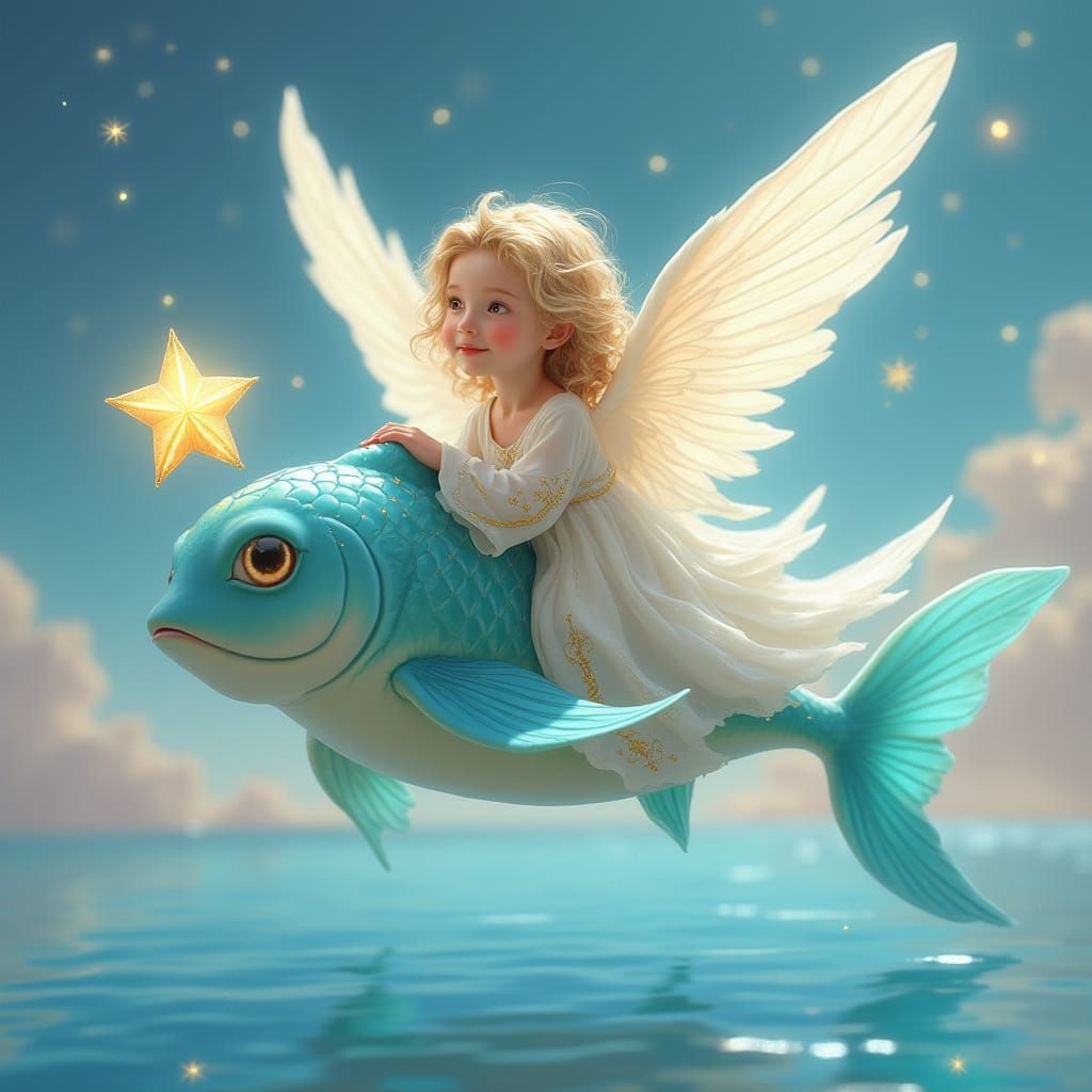 Serene Angel Brings Star, Riding Majestic Flying Fish