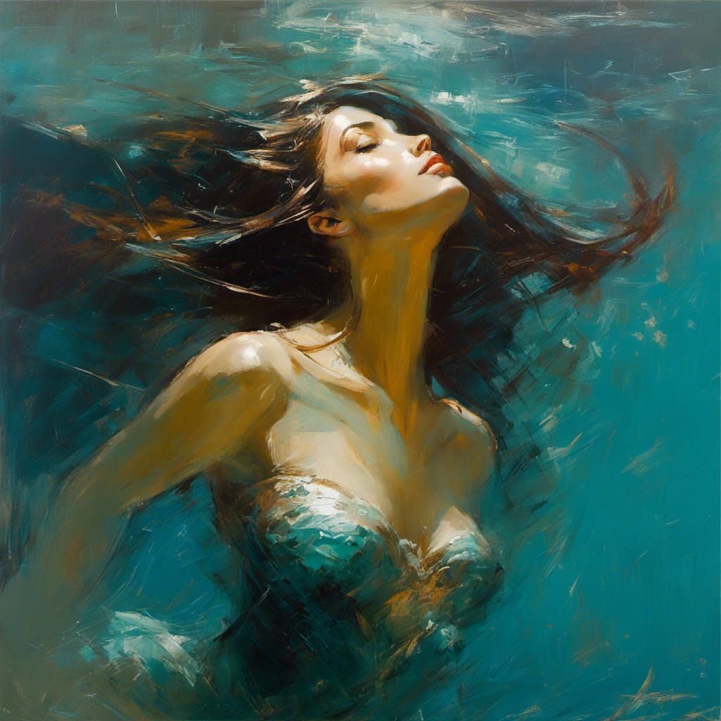 Underwater Mermaid in Dreamy Impasto Style