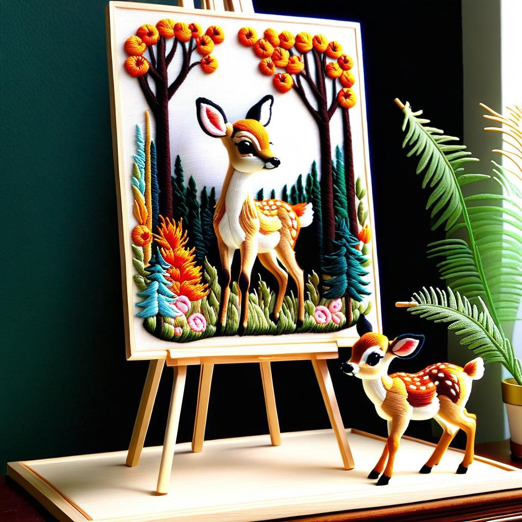 Whimsical 3D Embroidery of a Fawn Escaping Fire