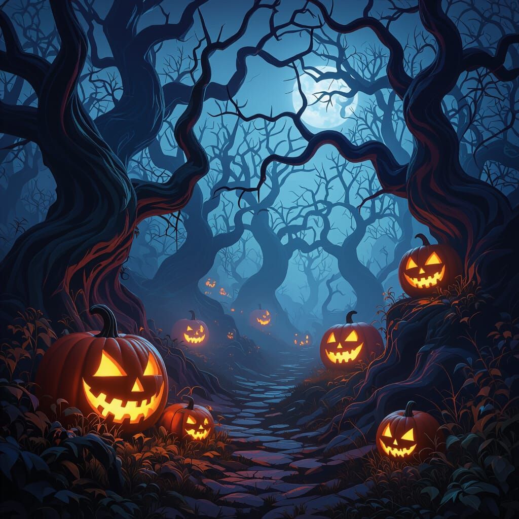 Mystical Halloween Forest Scene in Fantasy Concept Art Style