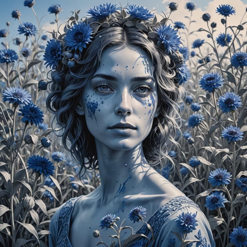 Monochromatic Blue Portrait with Cornflowers, Hyperrealistic...