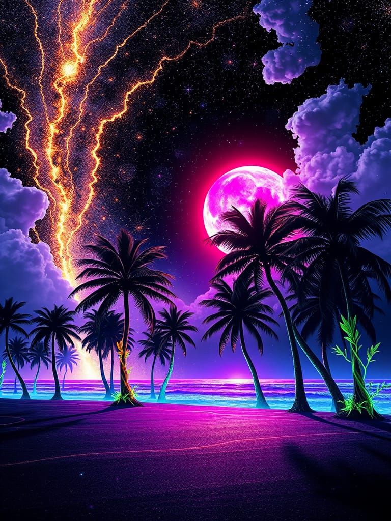 Neon Fractal Beach Cosmos in Alcohol Ink Style