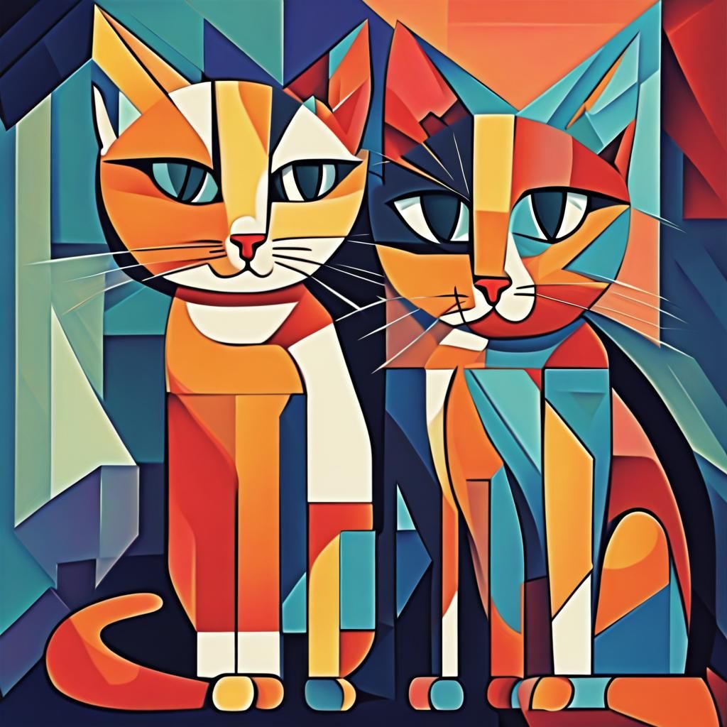 Cubist Cat Conversation in Geometric Art Deco Style