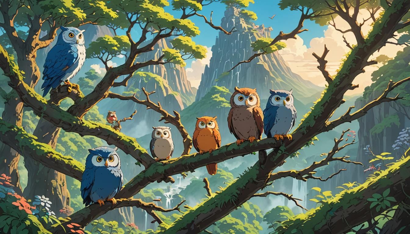 Cartoon Ghibli Volcano Scene with Cute Owls