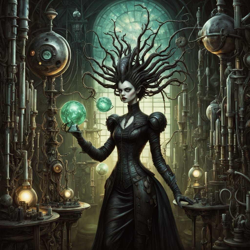 Solarpunk Scientist in Victorian-Era Laboratory on Venus