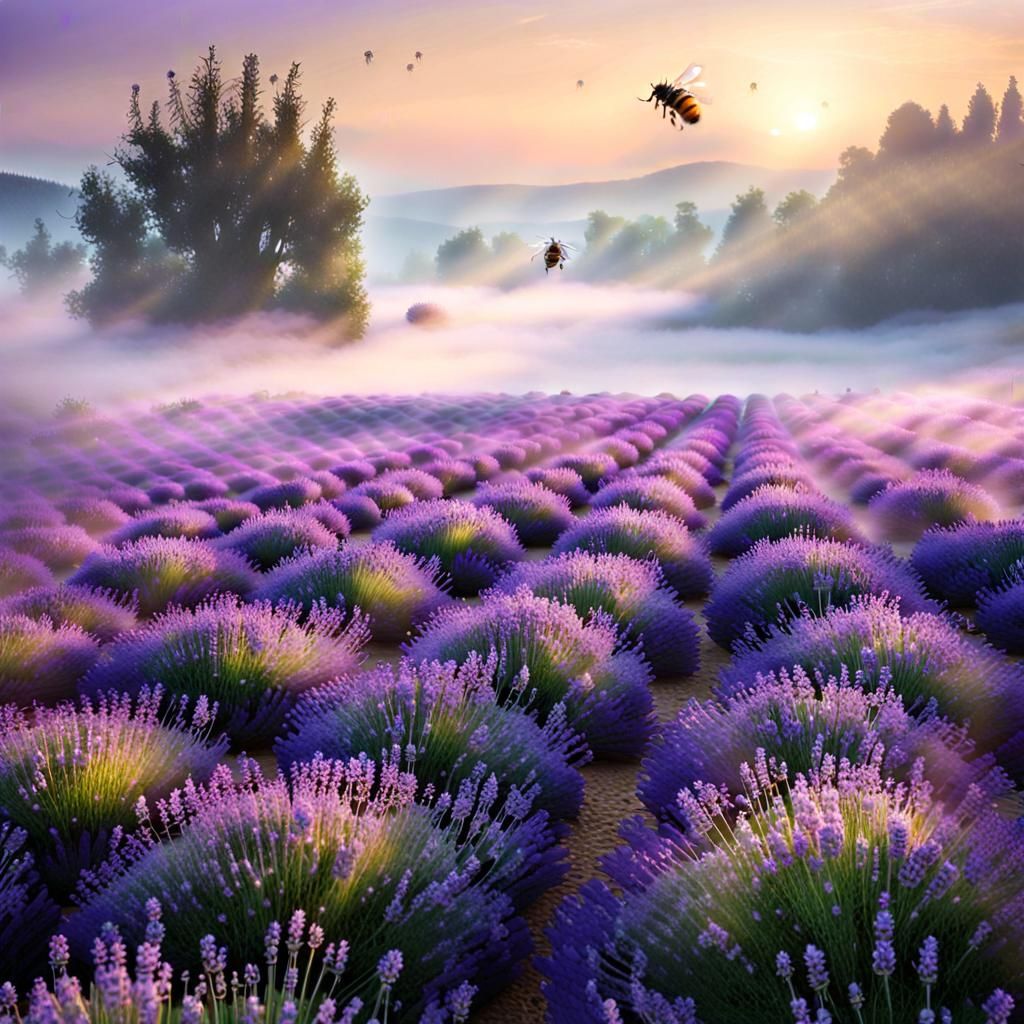 Tranquil Lavender Field with Bees in Morning Mist
