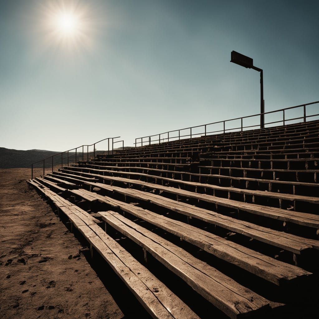 Weathered Bleachers Overlook Vast, Sun-Scorched Dirt Field