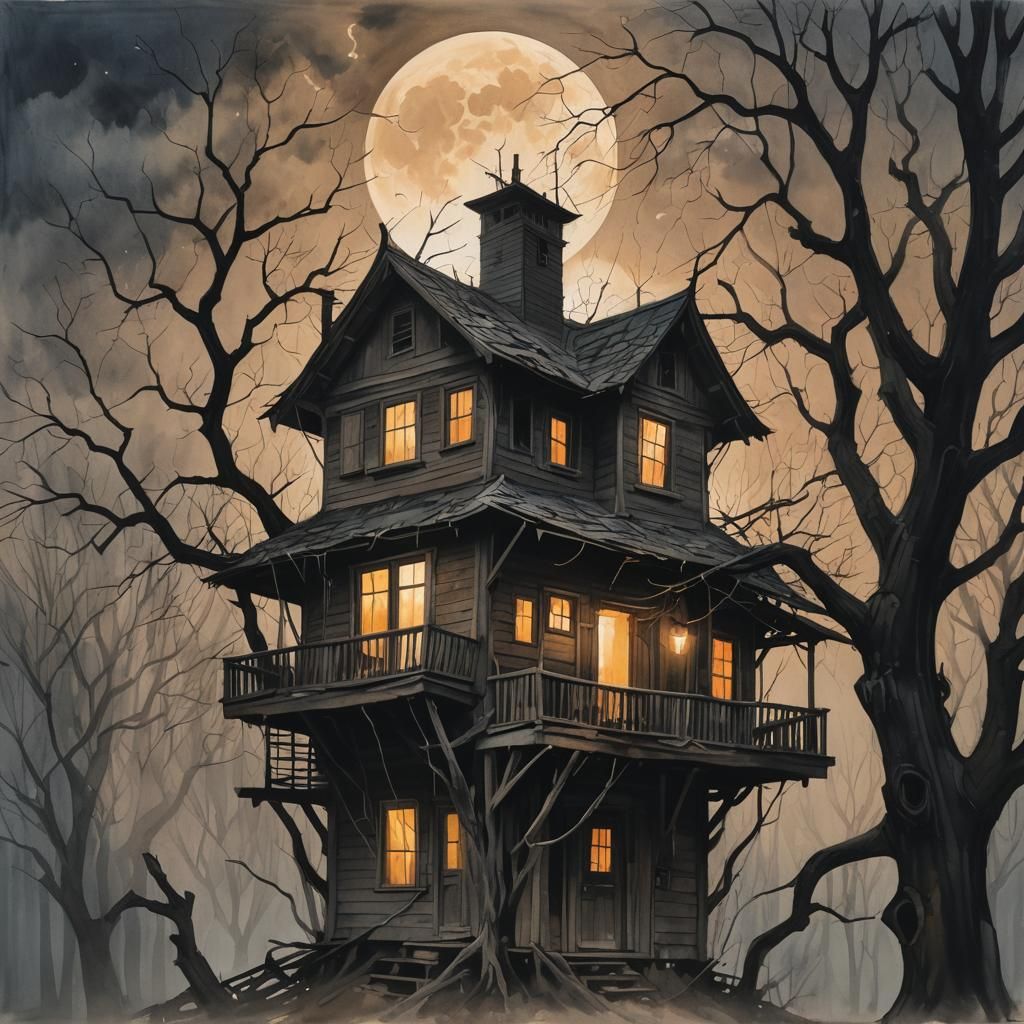 Eerie Old House at Dusk in Gouache Style