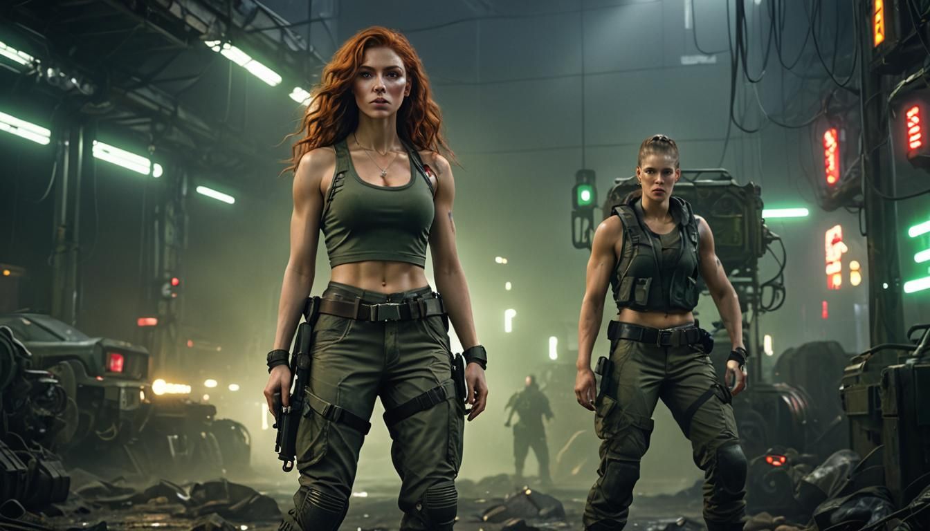 Dystopian Woman with Ruby Eyes in Neon Cityscape