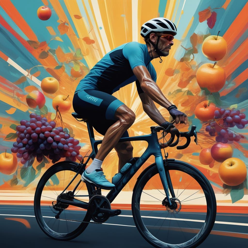 Hyperrealistic Cyclist Bursting with Lush Fruit in a Whimsic...