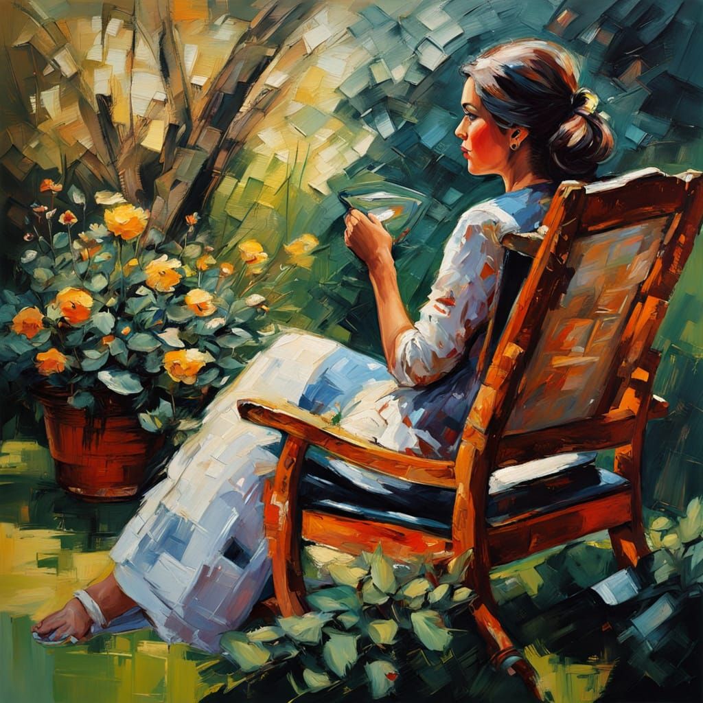 Elegant Lady in a Garden with a Rocket in the Background, in...