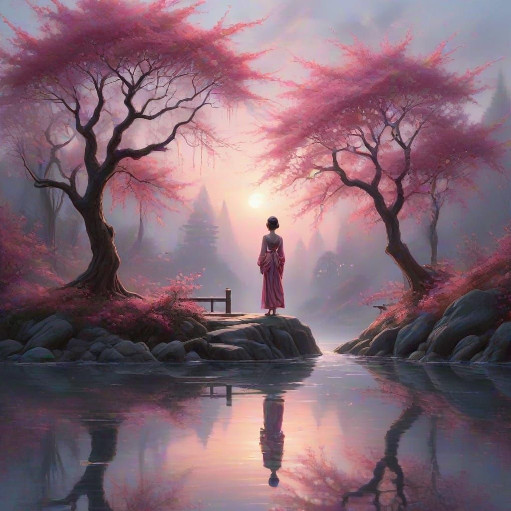 Surreal Yin-Yang Symbol with Cherry Trees and Neon