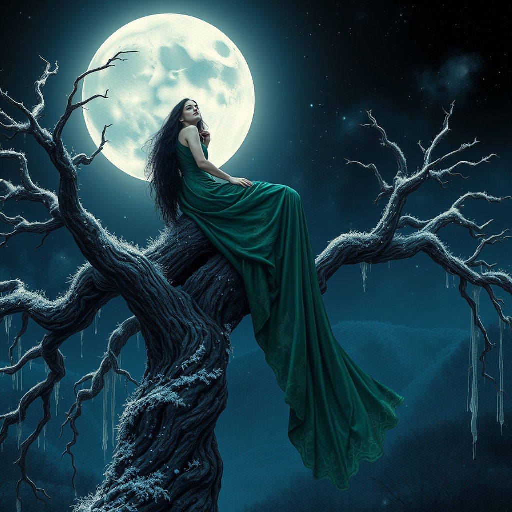 Lady on Frost Tree Under Starry Night