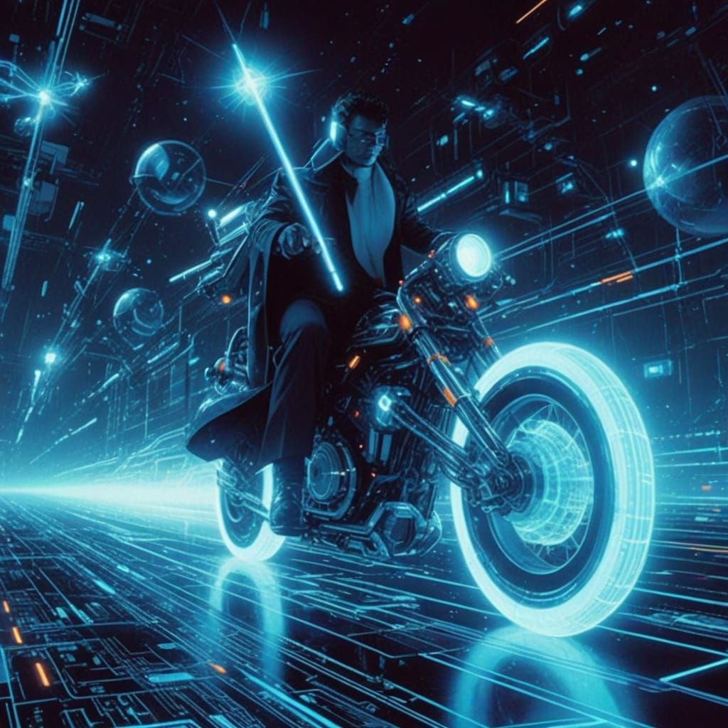 Tron Pop Wizard on Light Cycle in Digital Space