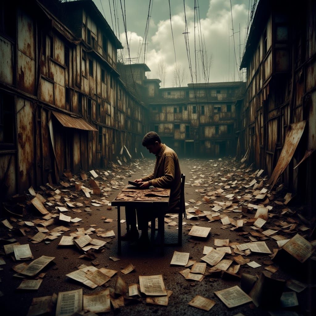 Person Amidst Chaos: Cinematic Film Still