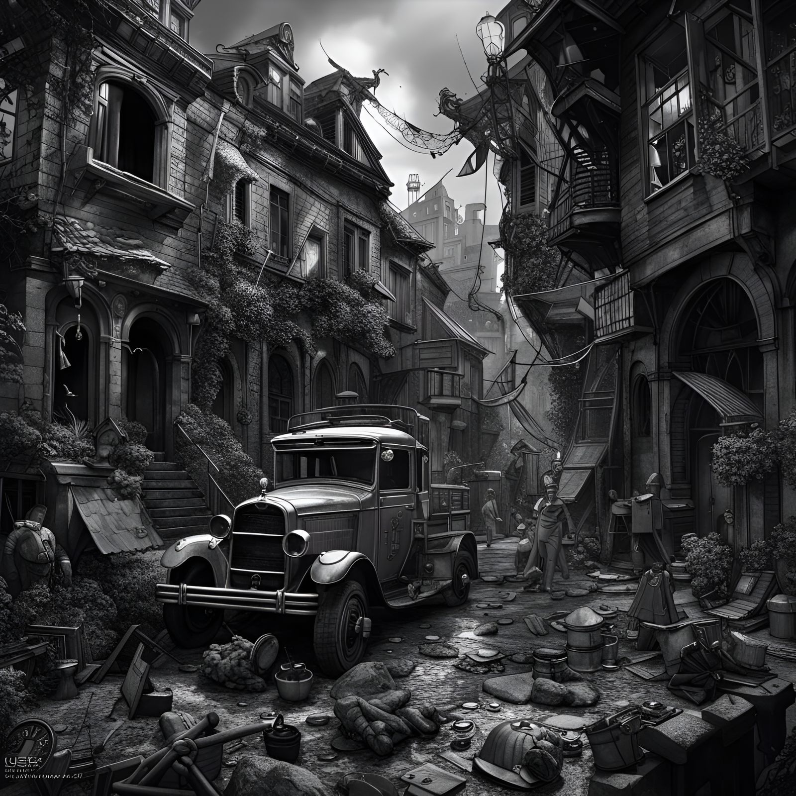 Detailed B&W Drawing in George Grosz Style