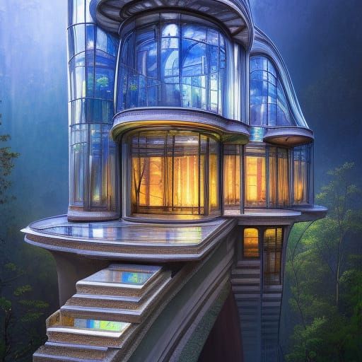 Postmodern Glass Mansion on Mountaintop in Art Nouveau Style