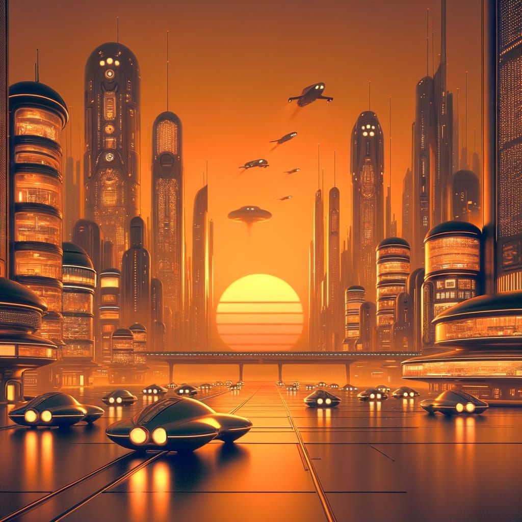 Retro Futurism Cityscape at Twilight in Orange Hues